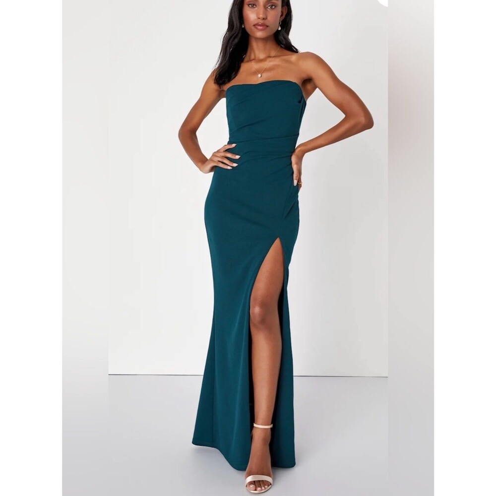 Lulus NWT Women Medium Emerald Green Strapless Pleated Maxi Gown Dress